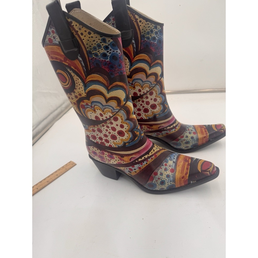 Nomad Yippy Rubber Rain Boots Abstract Cowboy Heeled Turquoise Monet Woman Sz 7